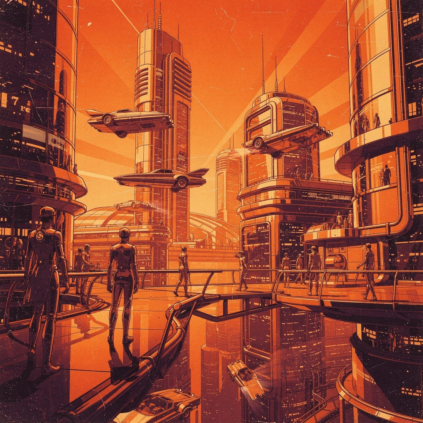Vibrant Retro Futurism in Bold Orange Hues