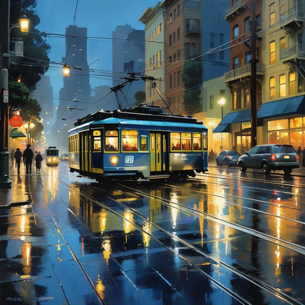 Noctilucent San Francisco Tram under Rainy Street Lights in...