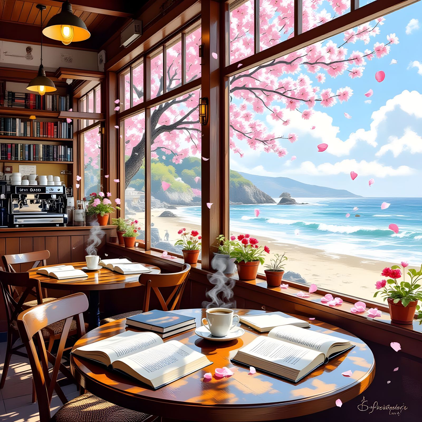 Sunlit Seaside Cafe with Cherry Blossoms