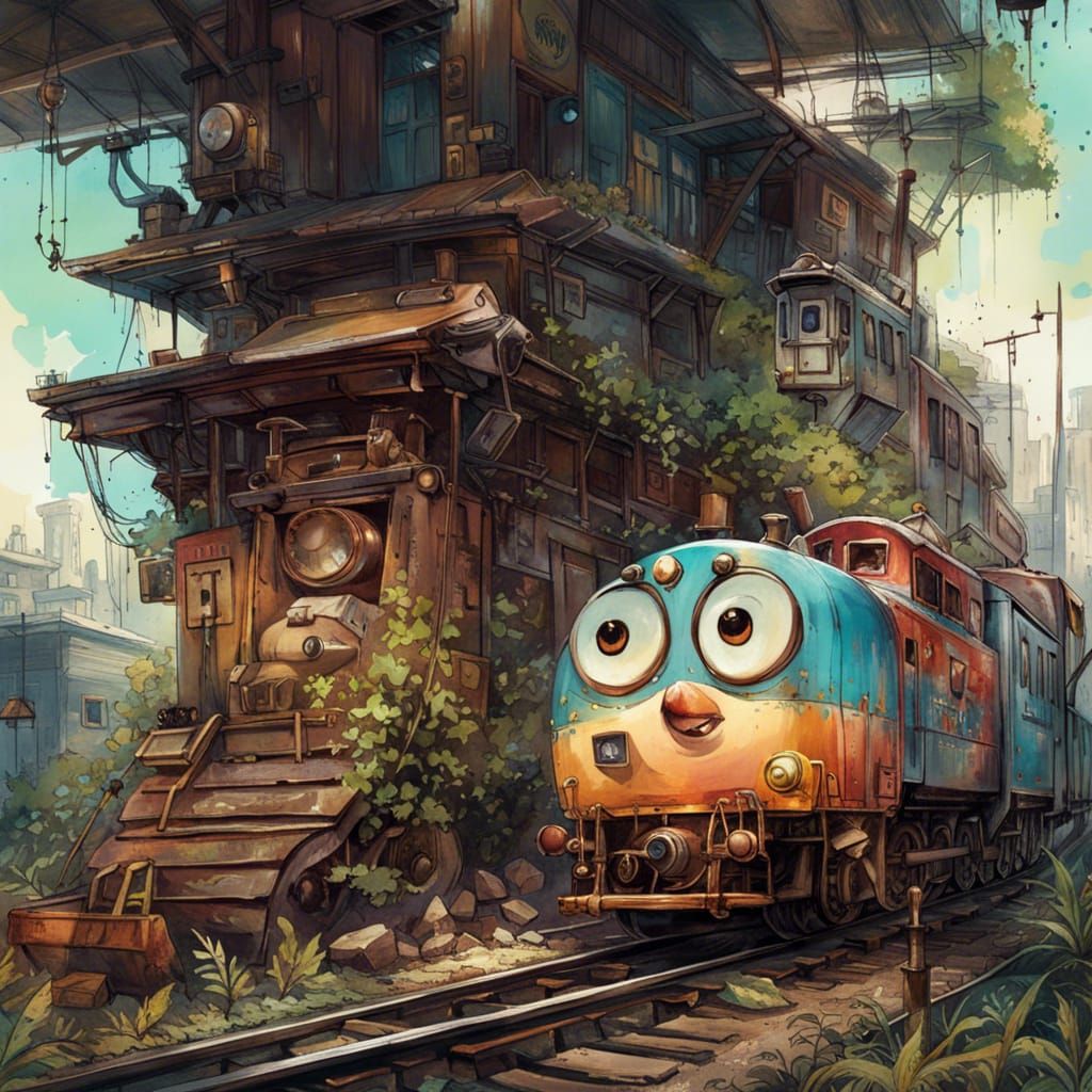 Adorable Cartoon Train Portrait in Whimsical Style