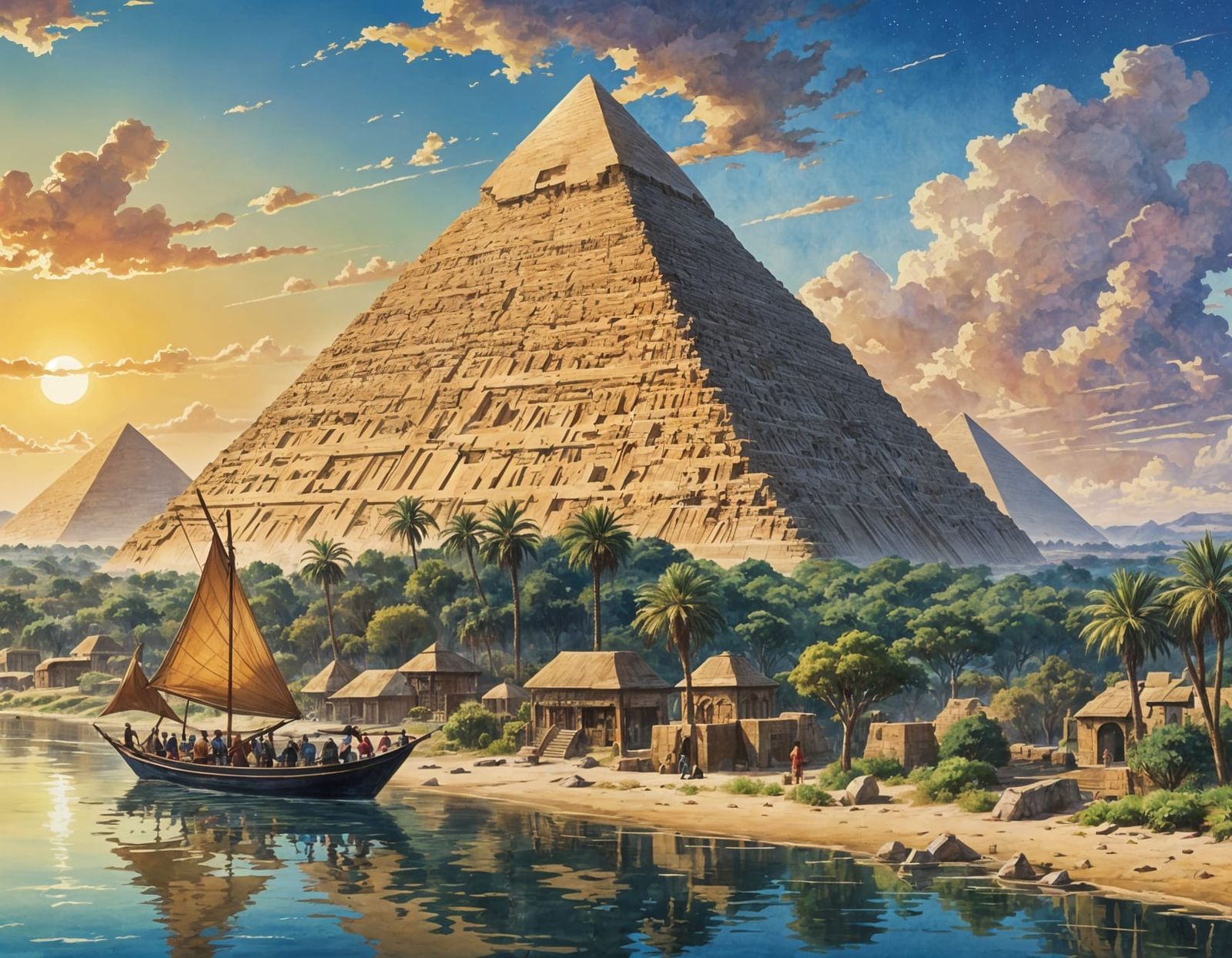 Egyptian Pyramids on the Nile: Anime Watercolor