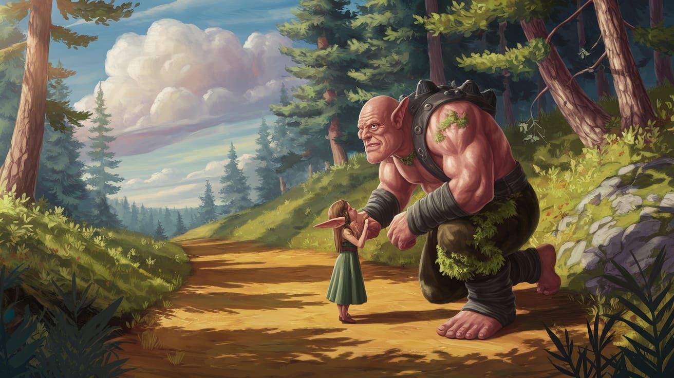 A Baroque Cyclops Converse with an Elf in a Sunlit Forest