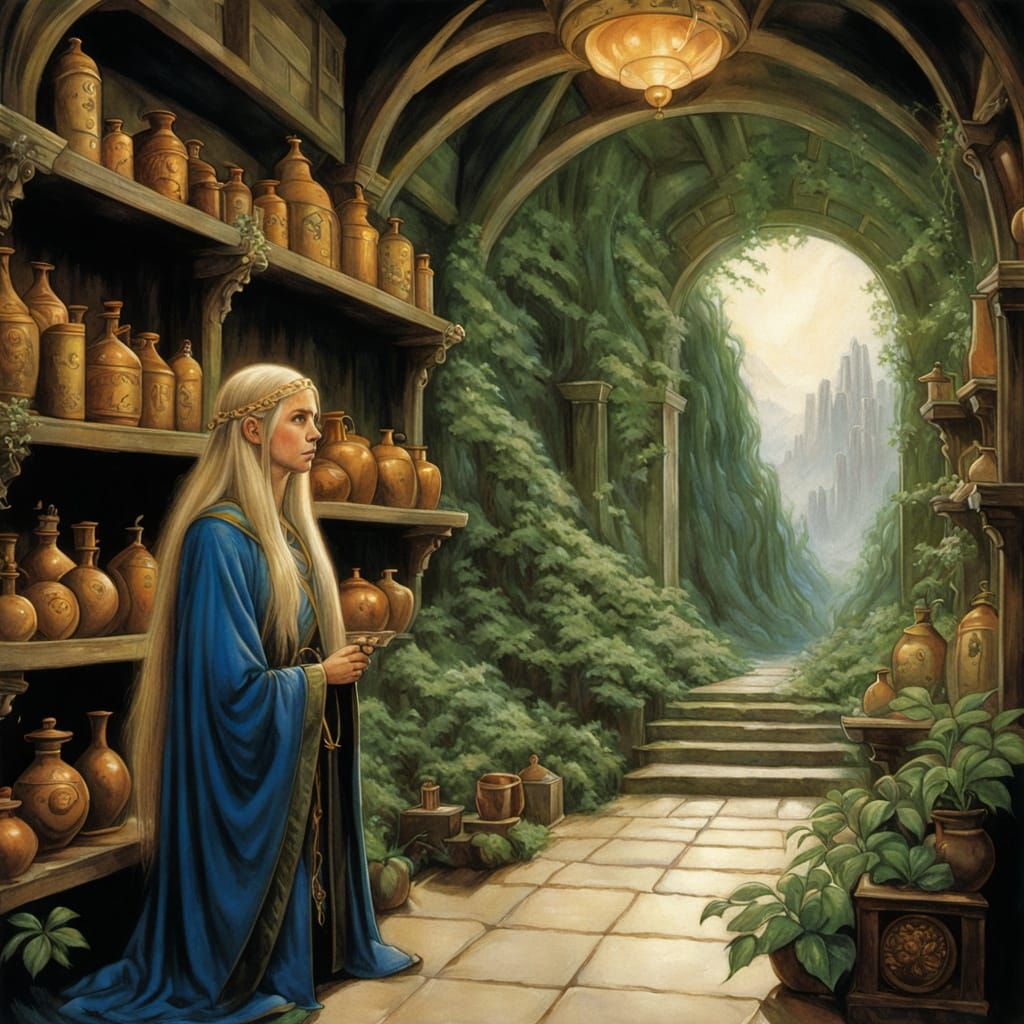 Enchanted Elf Alchemist in a Whimsical Realm