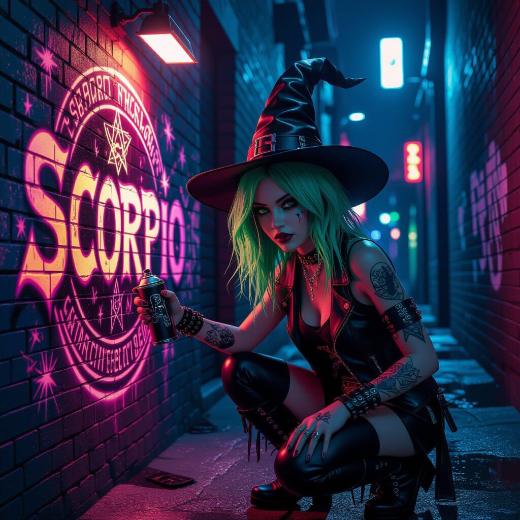 Punk Rock Witch Girl Creates Neon Graffiti in Urban Alley
