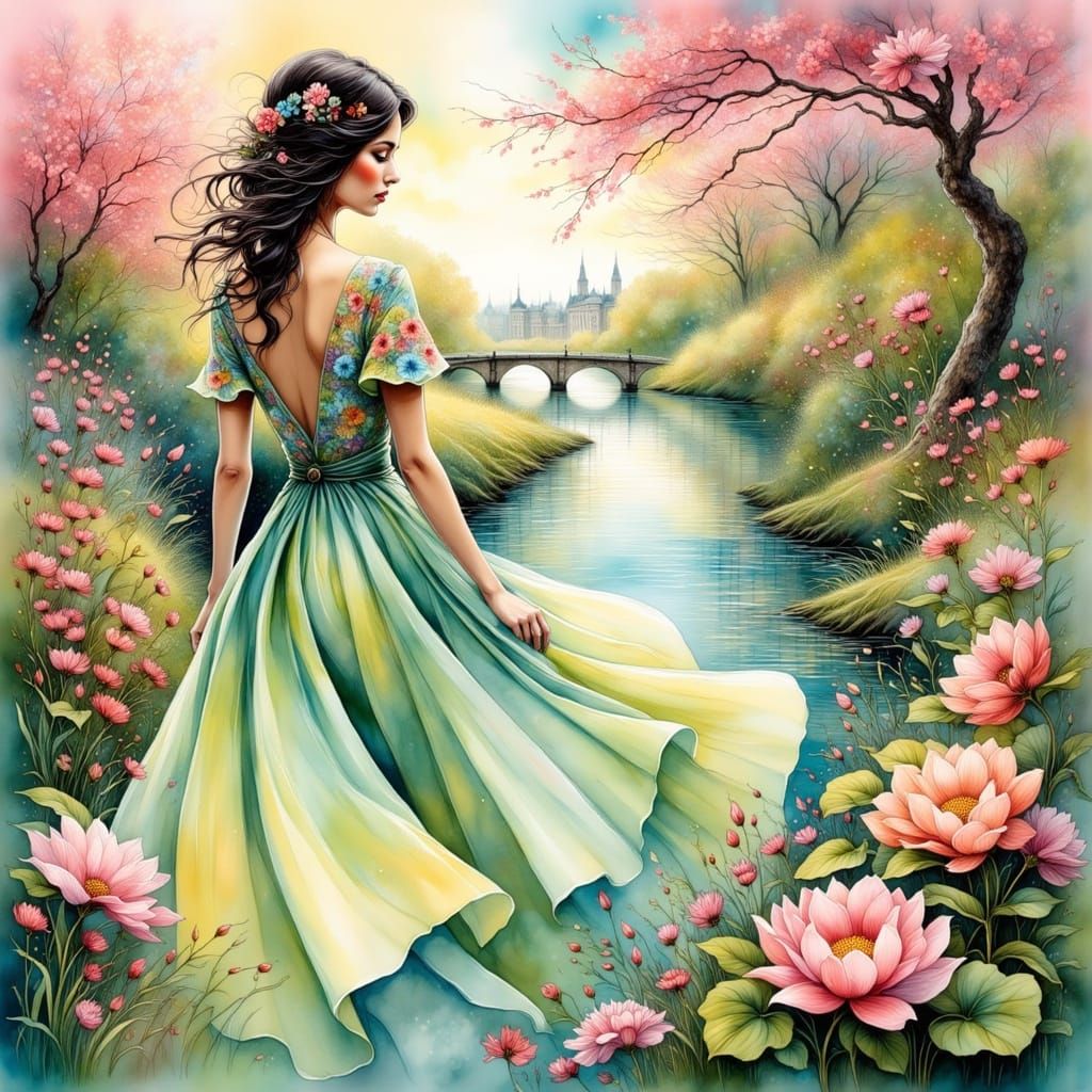 Darkhaired Woman Strolls Along Seine Riverbank in Vibrant Sp...