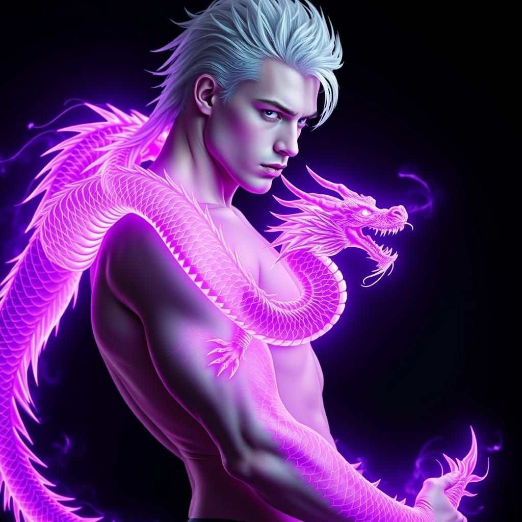 Glowing Dragon Tattoo Wraps Fit Male's Arm in Neon Purple an...