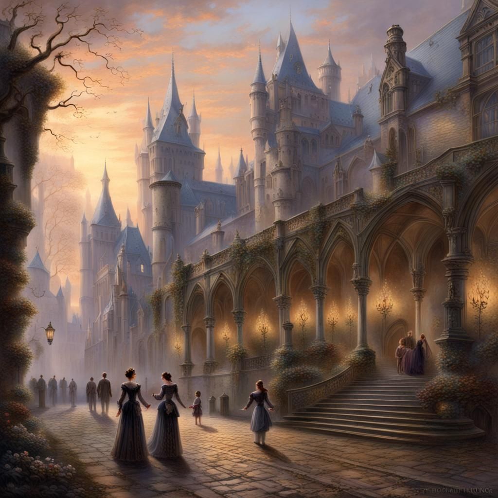 Ethereal Castle Courtyard Scene in Thomas Kinkade Style