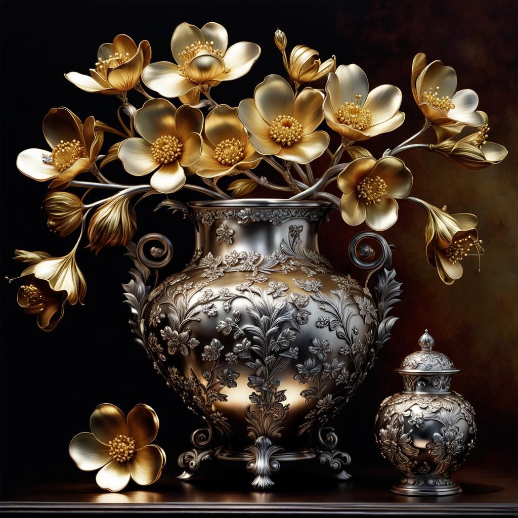 Metallic Cherry Blossoms Still Life in Silver and Gold