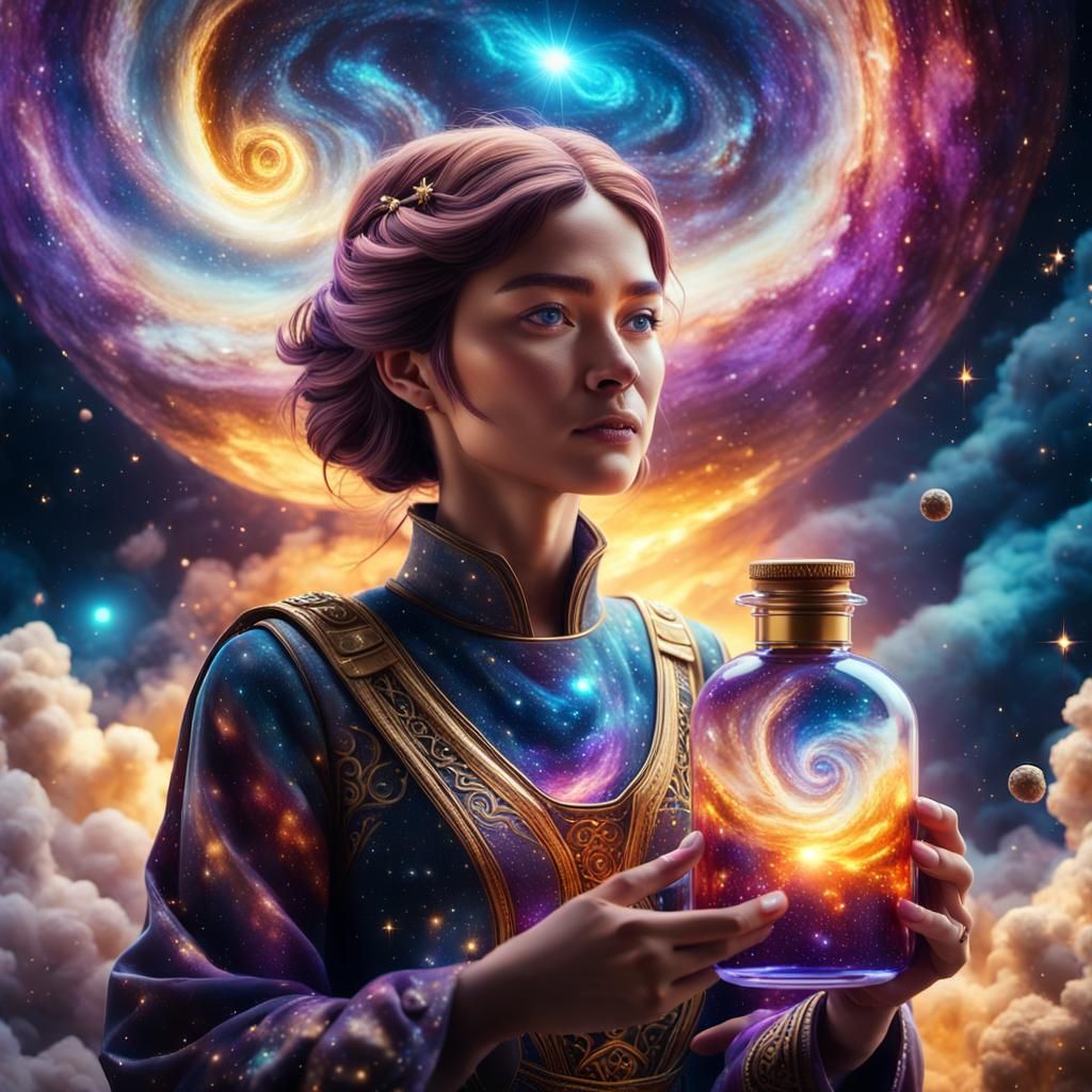 Woman Holds Galaxy in Ethereal Bottle