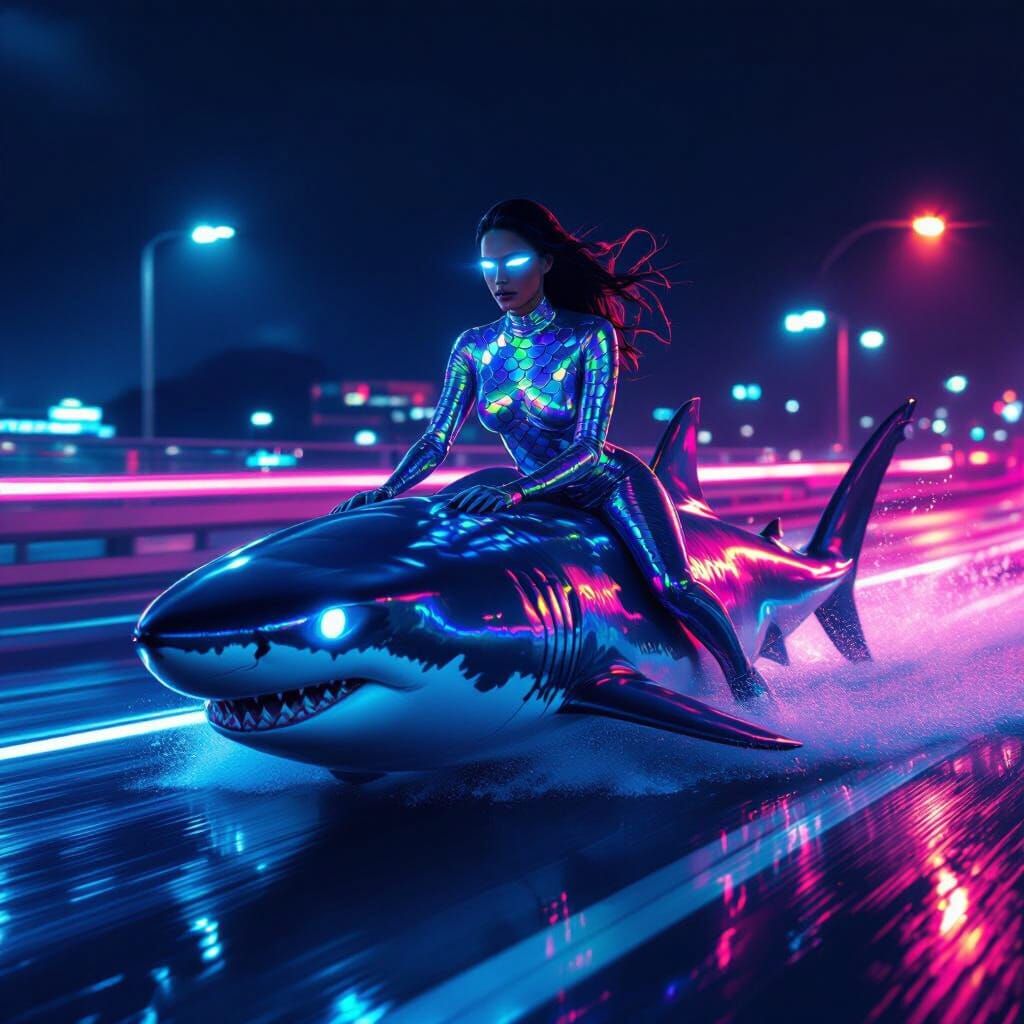 Woman Rides Shark on Neon Highway