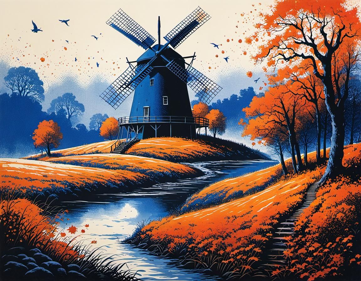 Autumn Windmill in Blue Ink Drawing Style