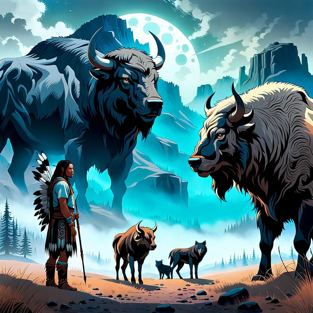 Native American, Bison and Wolf in Surreal Style