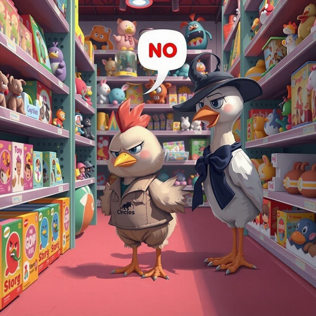 Angry Cartoon Chicken in Toy Store