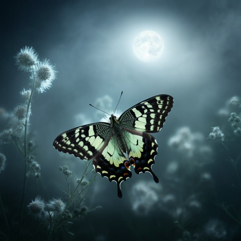 Iridescent Butterfly in Moonlit, Misty Night
