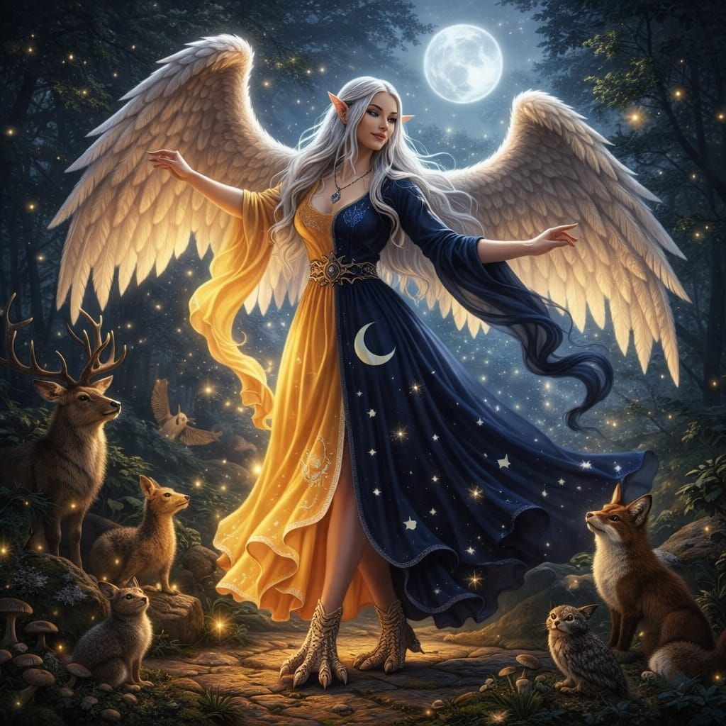 Wiccan Woman Dancing in Moonlight Forest