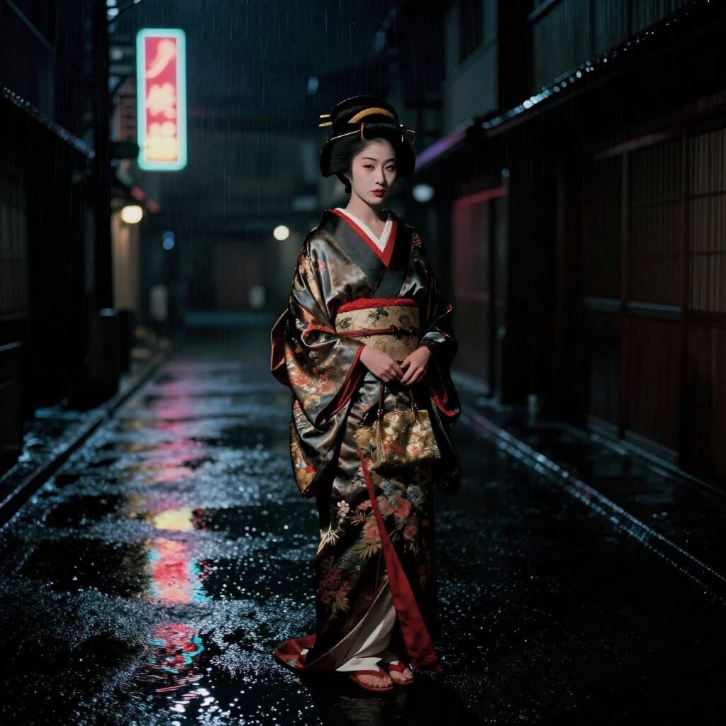 A solitary Geisha with intricate silk robes, standing on a deserted, rain-slicked street at midnight. The only light ema...