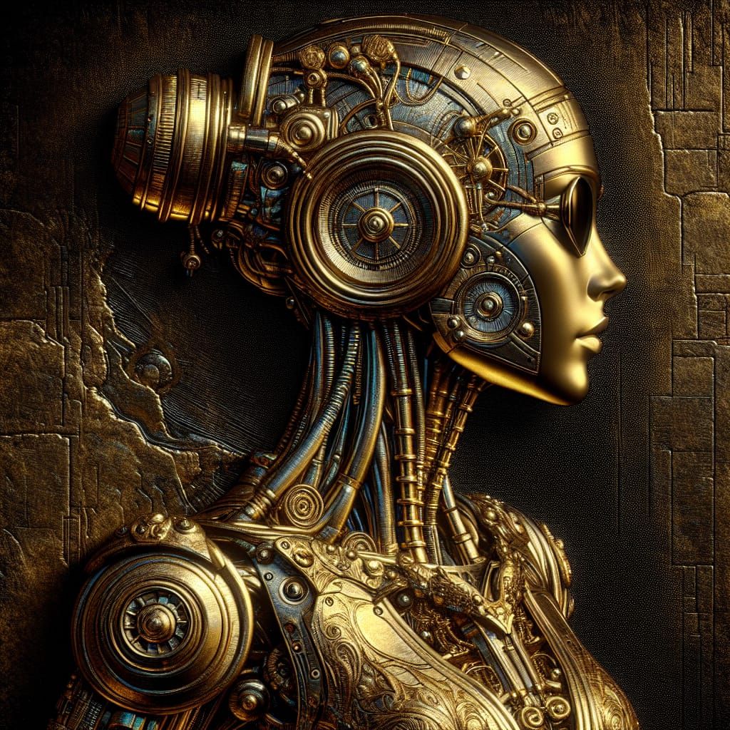 Embossed, steampunk female robot