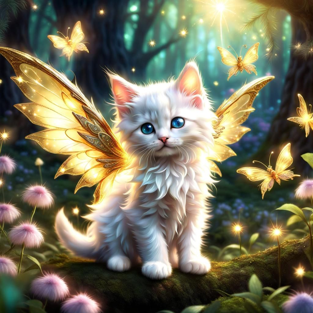 Fantasy Kitten with Fairy Wings in Enchanted Forest