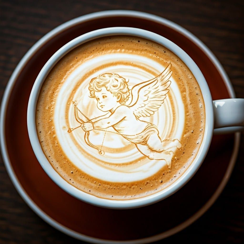 Latte Art Cupid in Digital Illustration Style