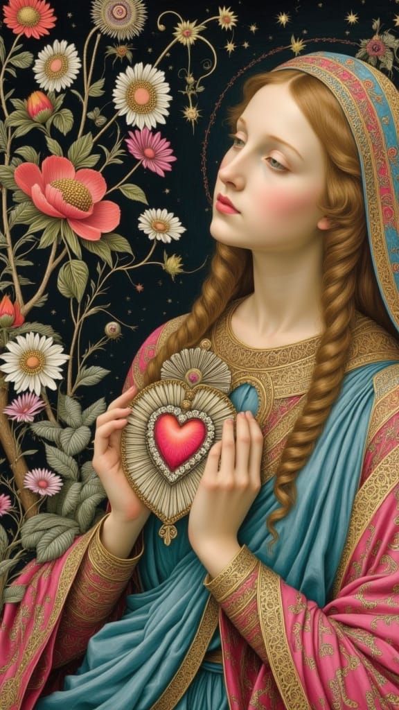 Sacred Heart of Mary with Evil Eye Crown in Psychedelic Styl...