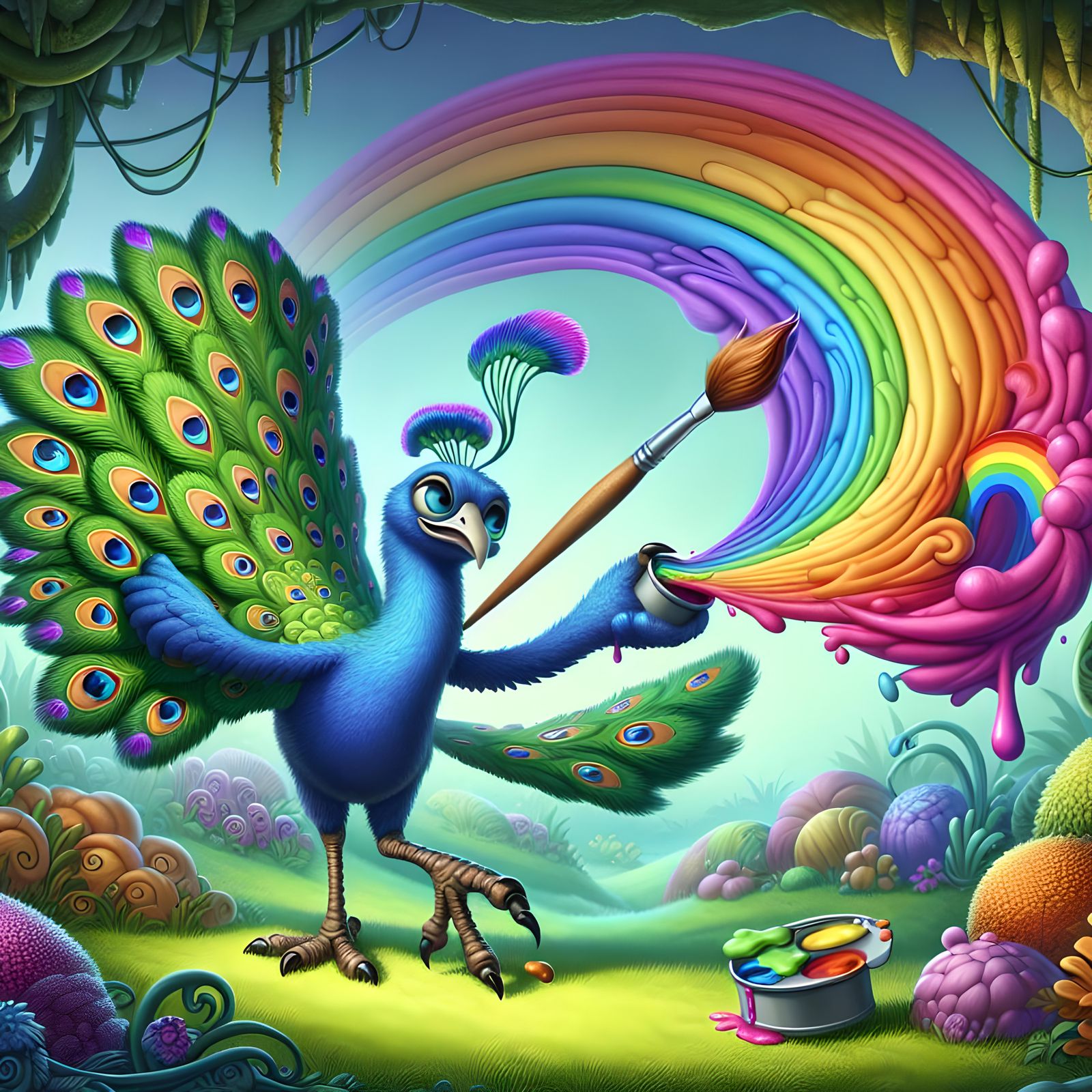Colorful Peacock Paints a Rainbow in Cartoon Style