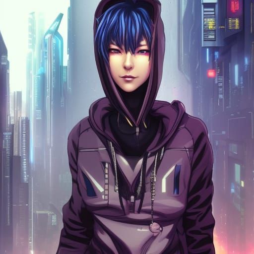 Cyberpunk Female Hacker in Dystopian Cityscape