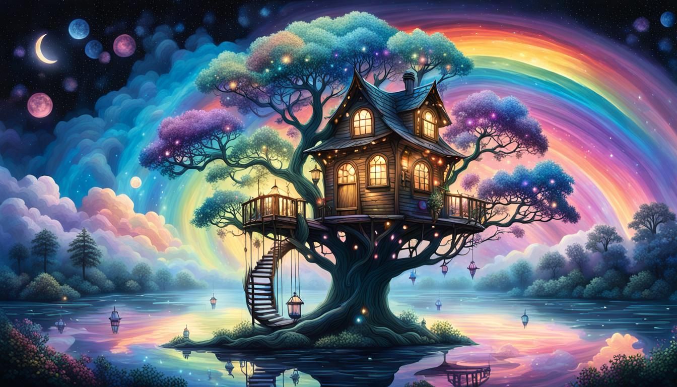 Crystal Treehouse in Rainbow Clouds: Hyperrealistic Concept ...