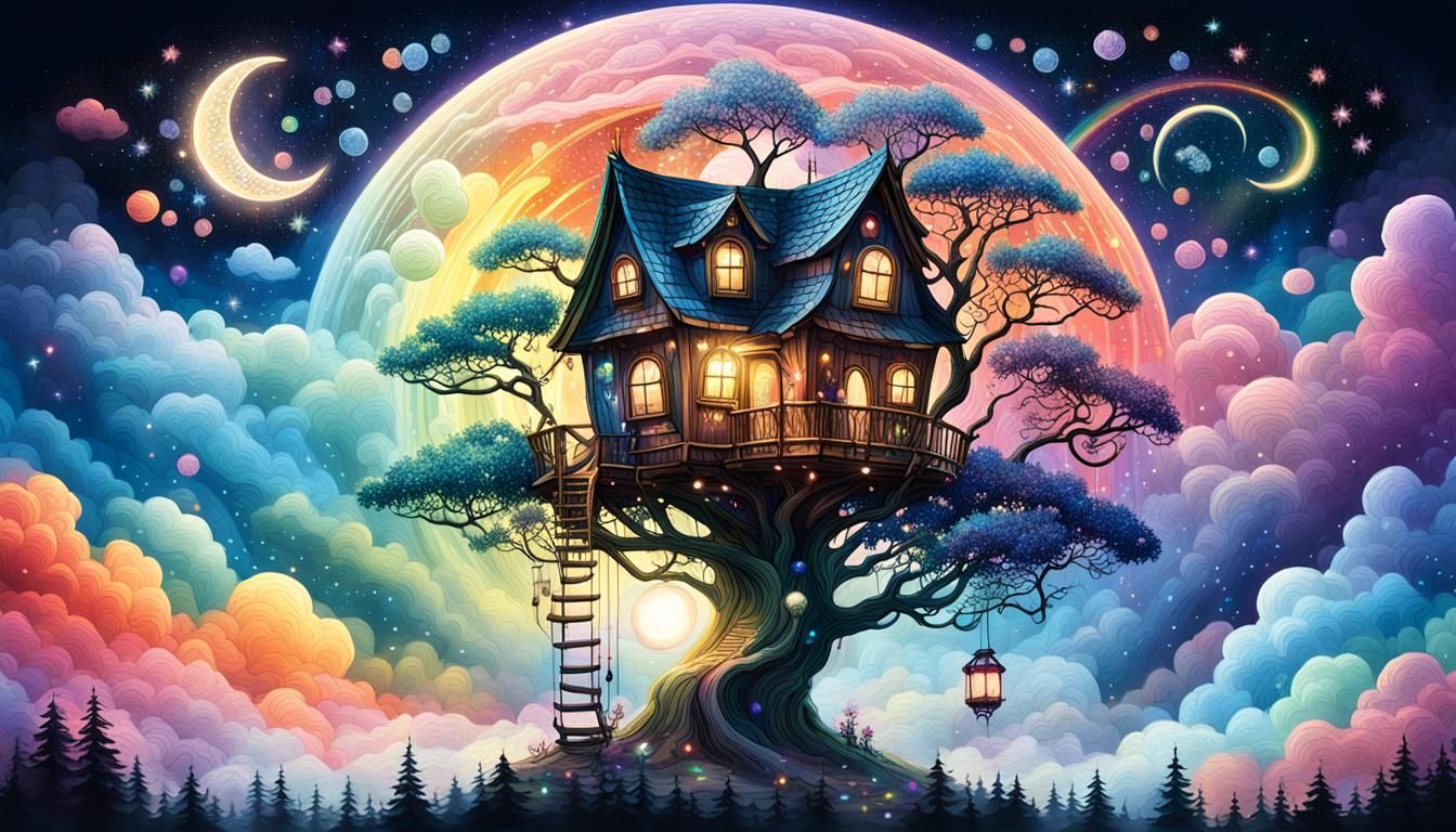 Crystal Treehouse in Rainbow Clouds: Hyperrealistic Art