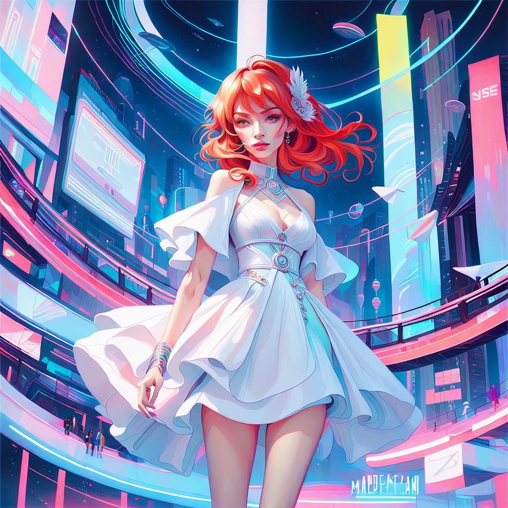 Japanese Girl on Neon Catwalk in Dreamlike Digital Art