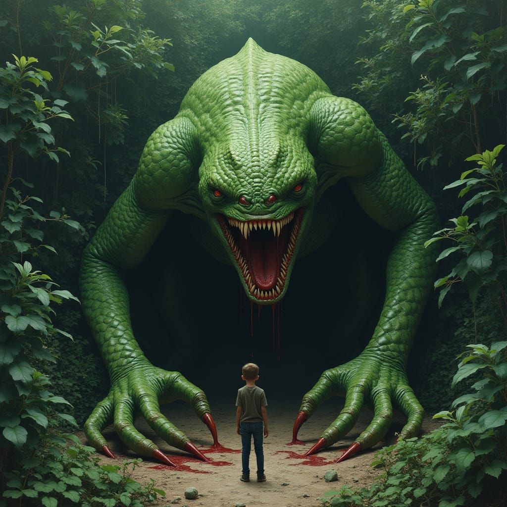 Eerie Green Monster in Bush, Gothic Horror Style