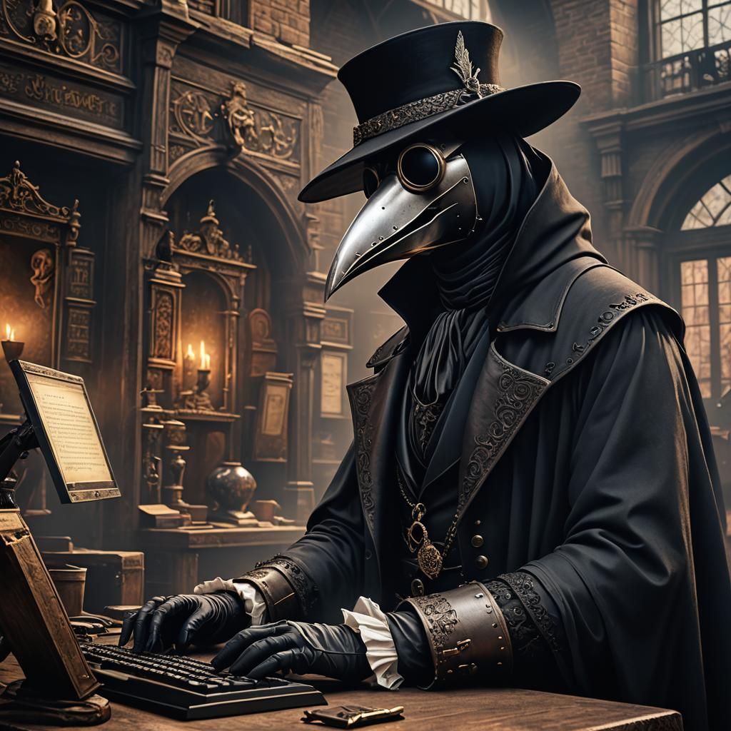 Plague Doctor Using Computer in Hyperrealistic Style