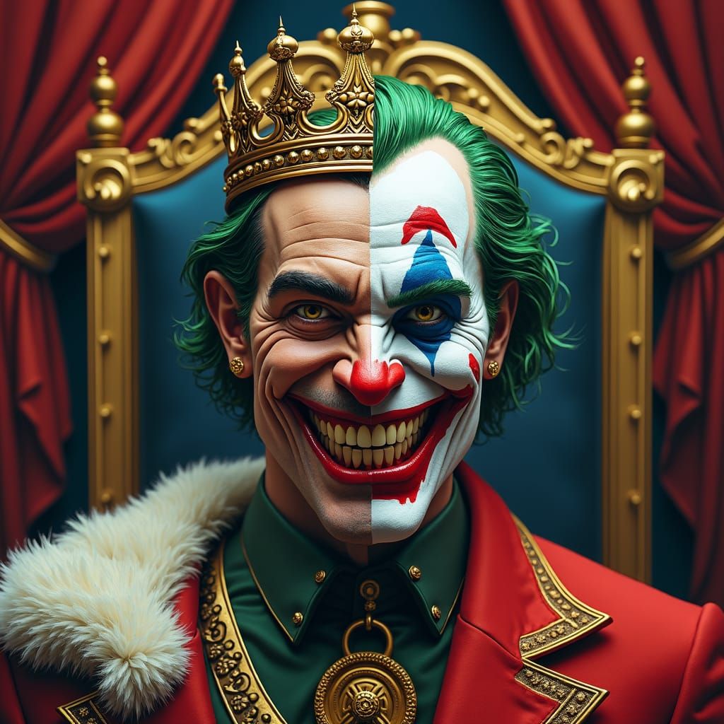 Regal Joker Split Face in Futuristic Digital Art