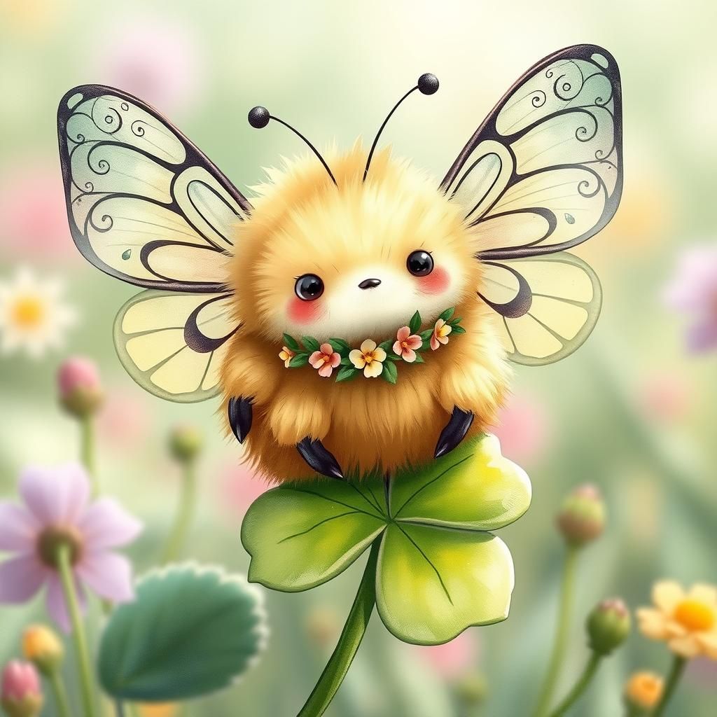 Fluffy Bumblefly in Whimsical Meadow, Digital Illustration