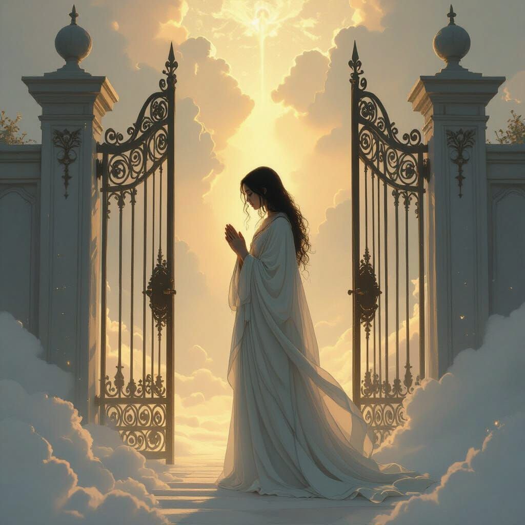 Figure at Closing Heaven's Gates in Golden Light