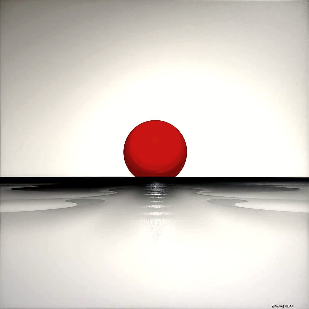 Surrealistic Red Sun Descends into Grey Ocean