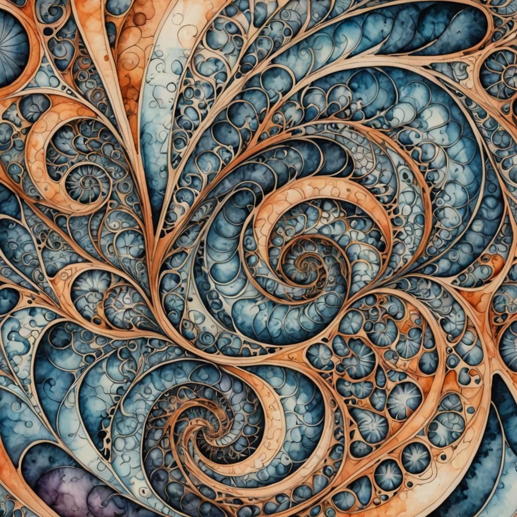 Abstract Fractal Zentangle in Watercolor and Ink