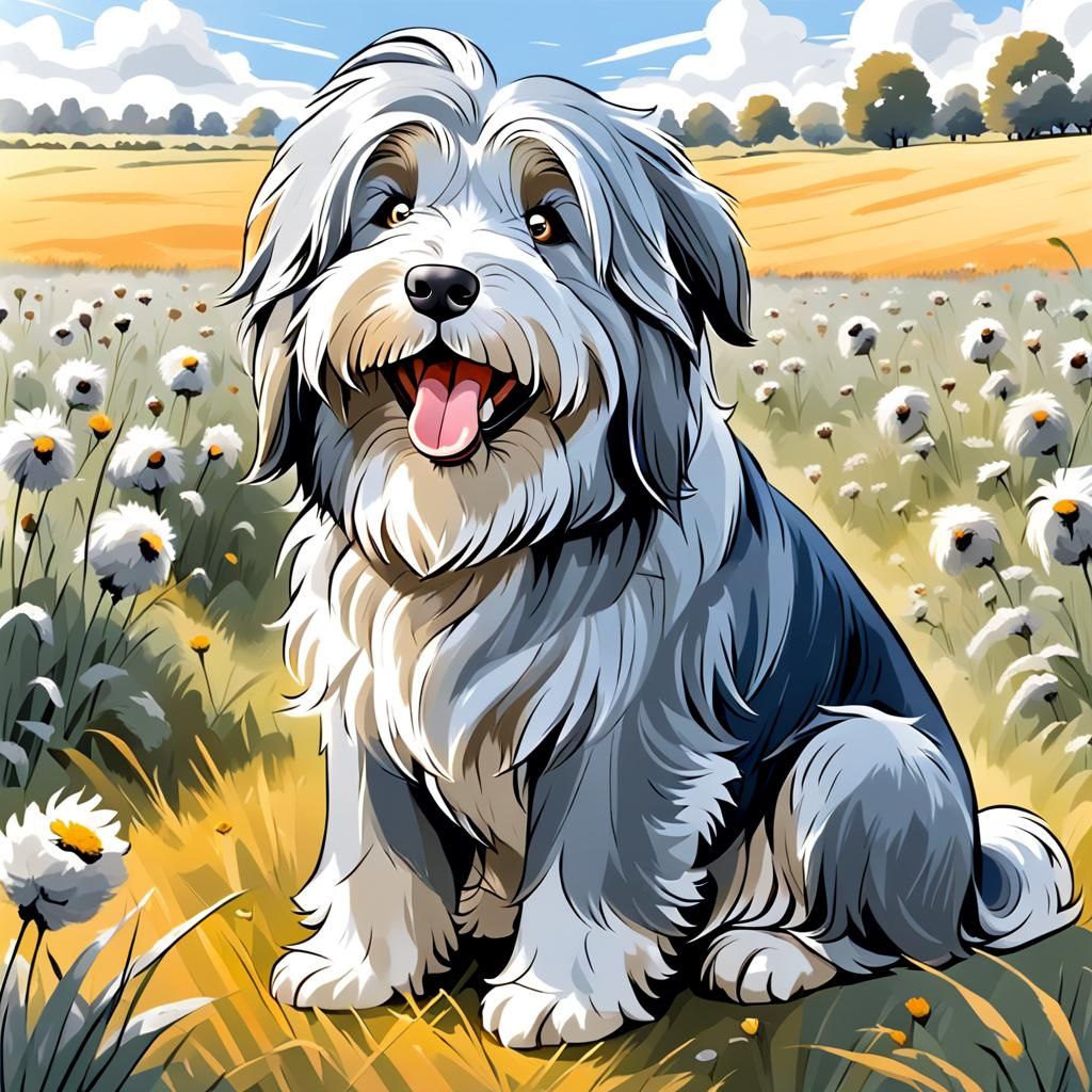 Bearded Collie in Field, Comic Art Style