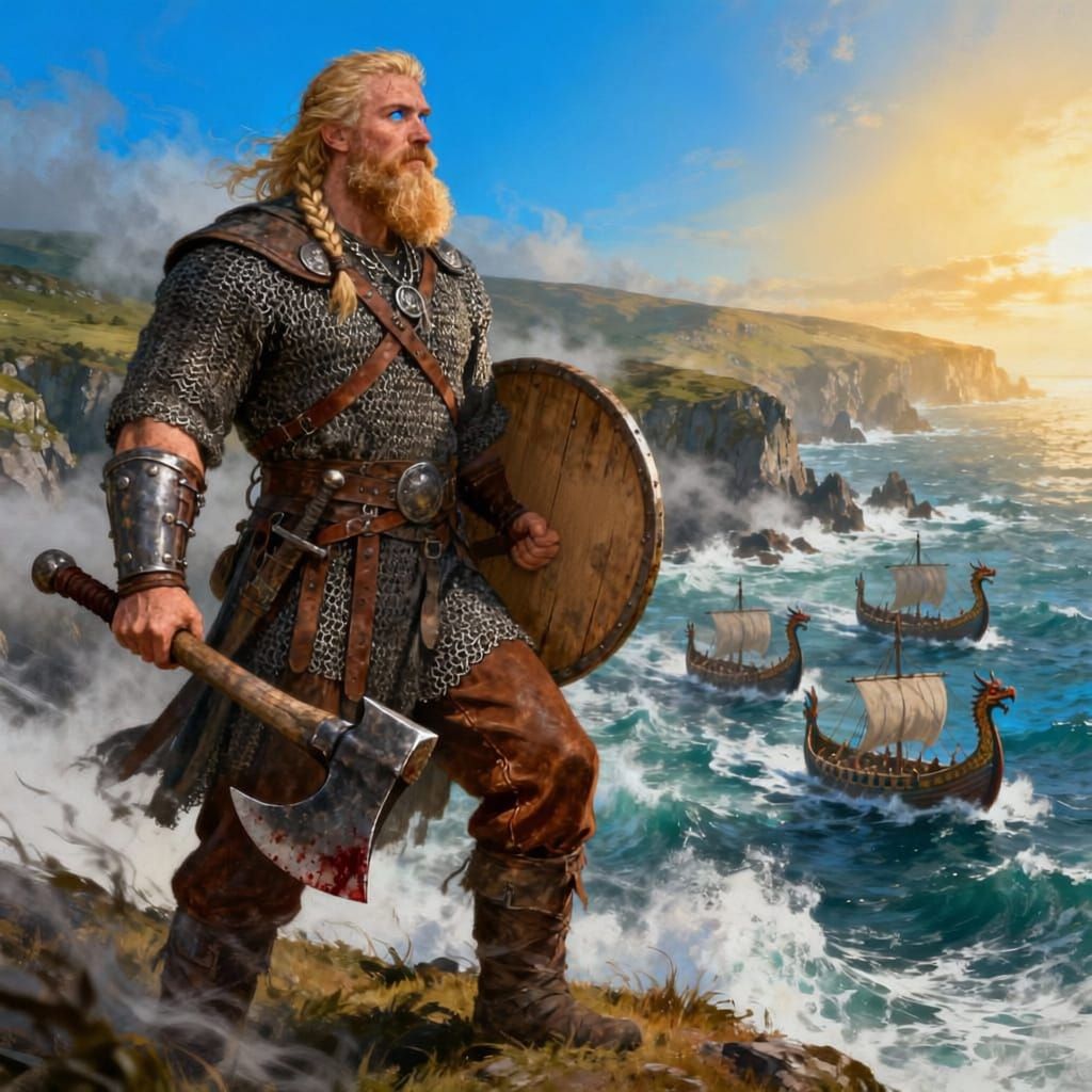 Viking Warrior on Irish Coast with Approaching Ships
