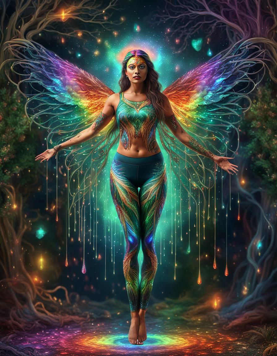 Rainbow Goddess with Astral Wings: Holographic Illustration
