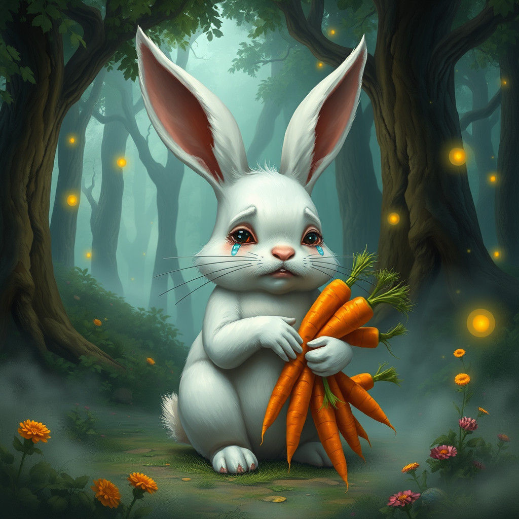 Distressed Rabbit in Whimsical Forest: Fantasy Art