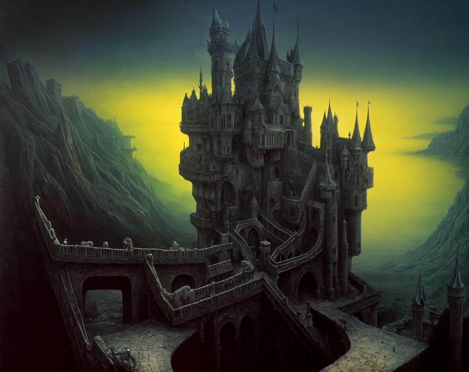 Surreal Castle with Moats in Dark Dreamscape Style
