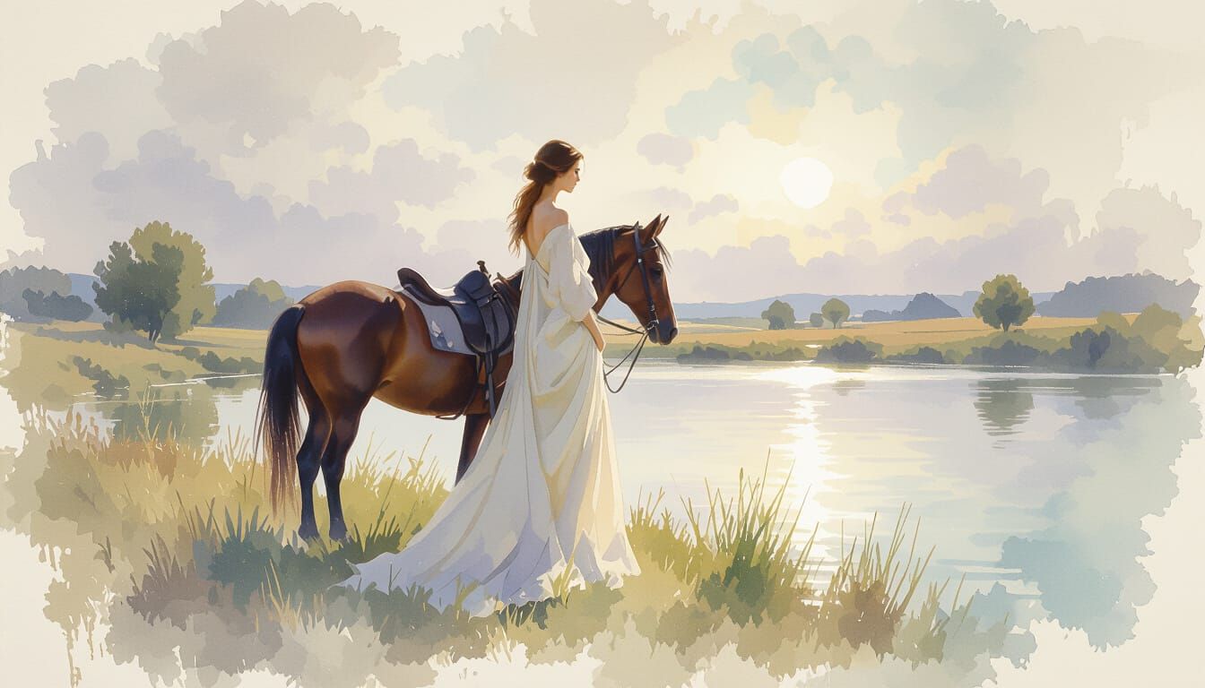 Ethereal Woman and Horse by Lake in Monet Style