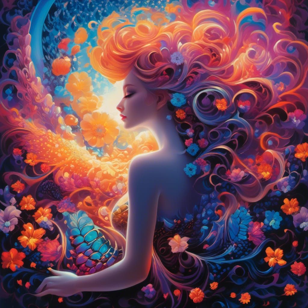 Nebula Flower Mermaid in Neon Negative Light