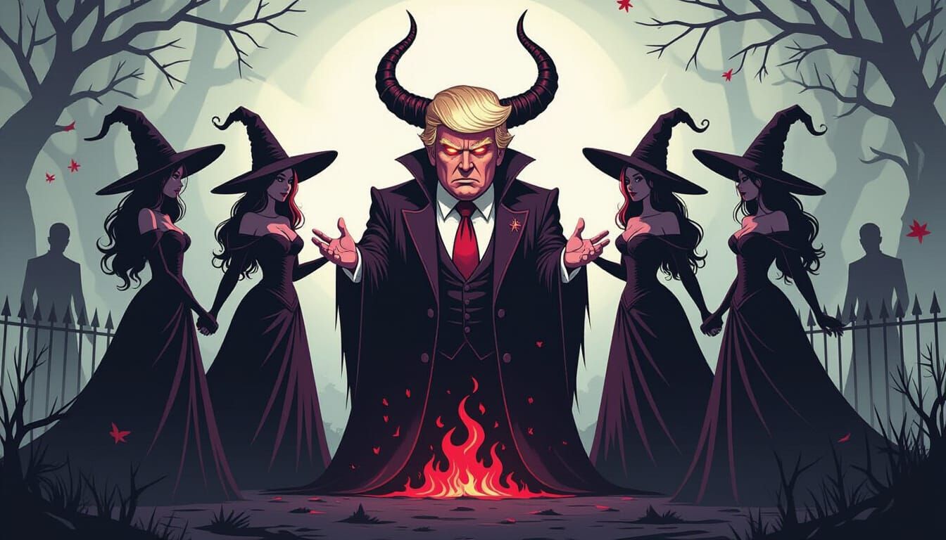 Dark Fantasy Witches Gather Around Demonic Trump