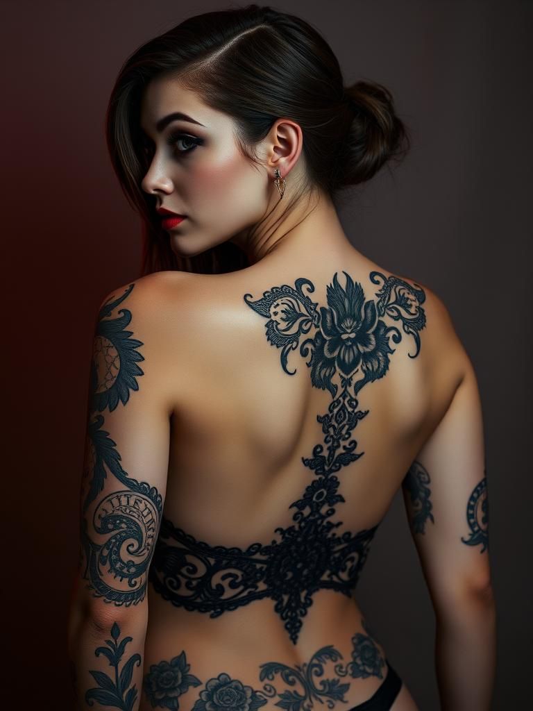 Gothic Tattooed Woman with Red Backlight