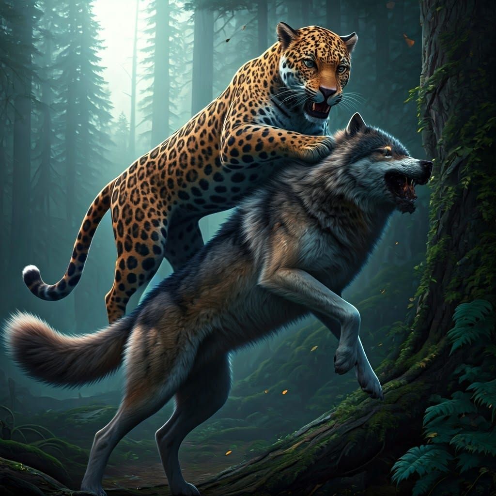 Jaguar and Wolf Clash in Mystical Forest