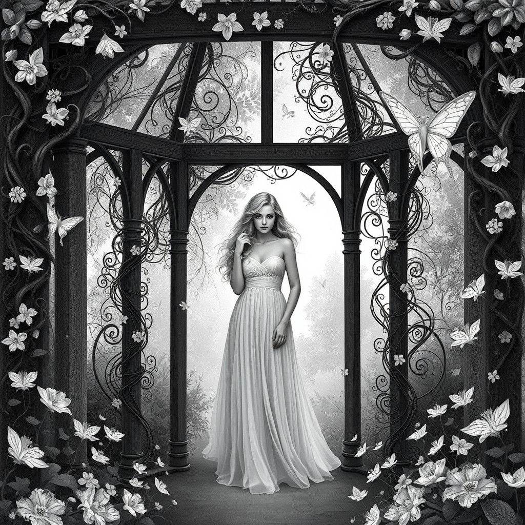 Woman in Fairy Gazebo, Black and White Digital Art