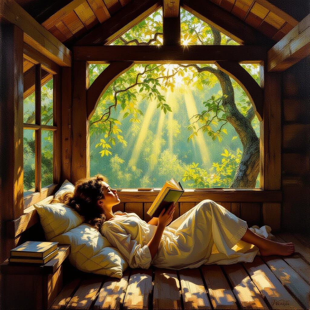 Impasto Oil Painting of Woman Reading in Rustic Treehouse