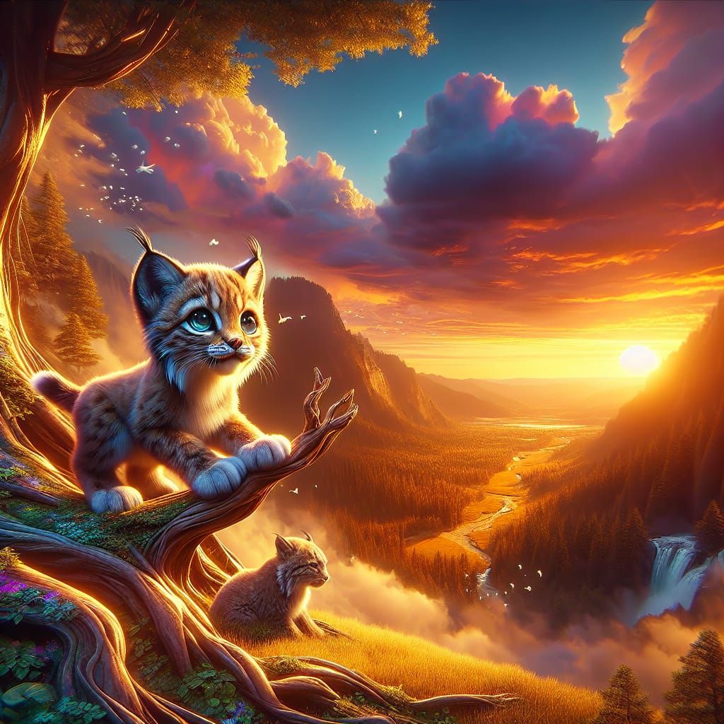 Iberian Lynx Cub Overlooking Sunny Valley: Matte Painting