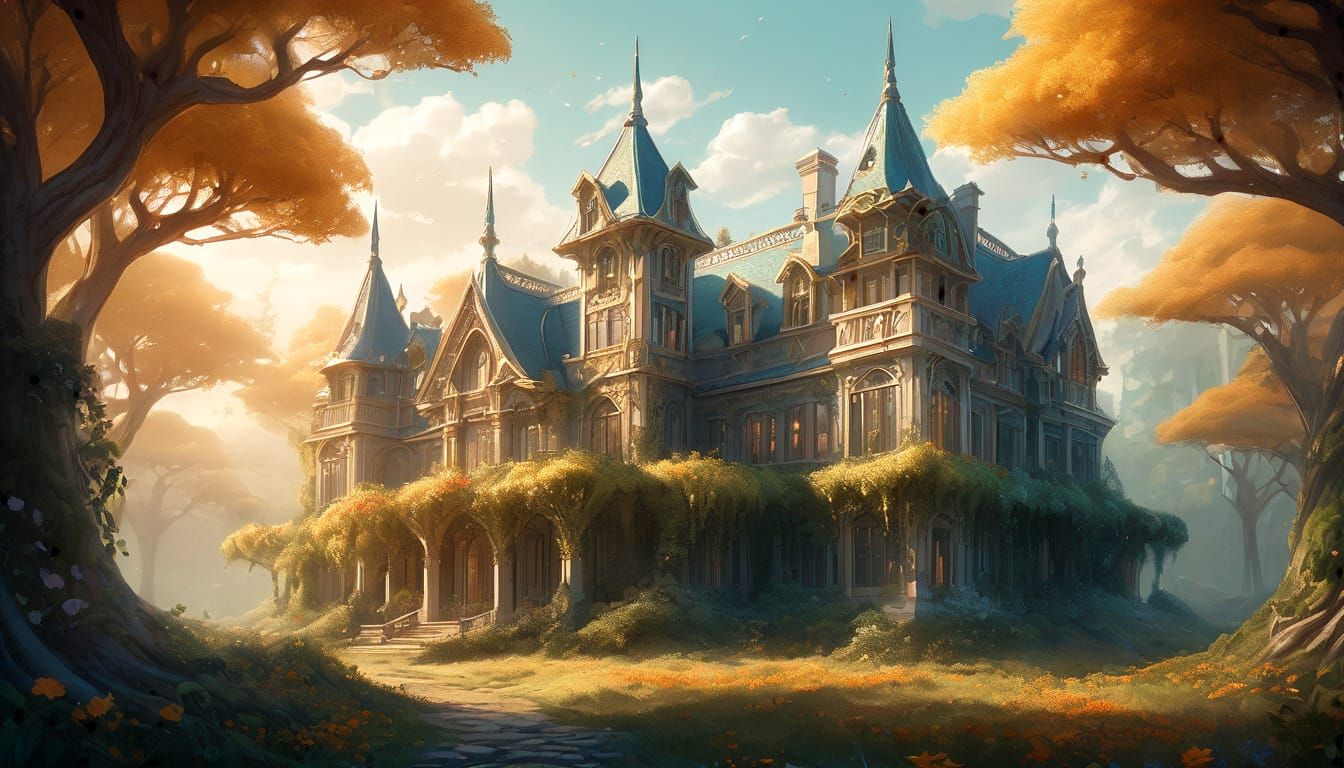 Ancient Elven Manor in Art Nouveau Fantasy Forest